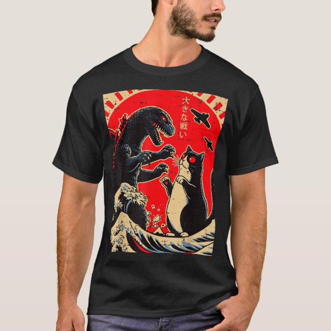 Sea Monster And Cat Fighting Waves Japanese Men Wo T-Shirt (Front)