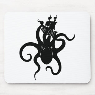 Sea Monster Black and White Kraken with Ship Mouse Mat