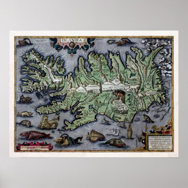 Sea Monsters of Iceland 1585 Map Poster (Front)