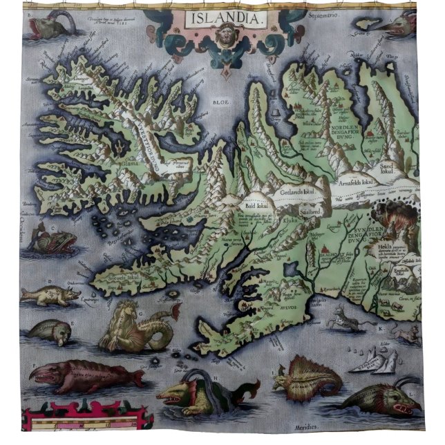 Sea Monsters of Iceland 1585 Map Shower Curtain (Front)