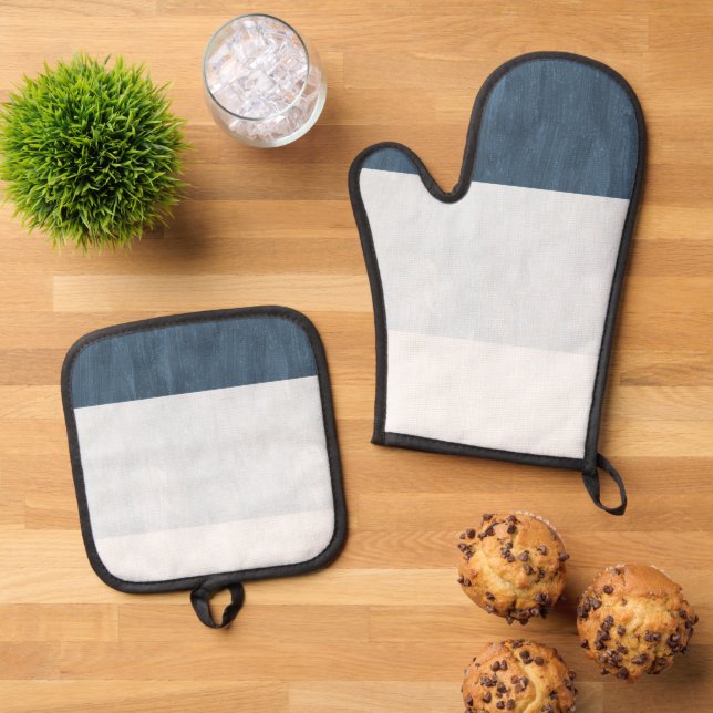 Sea Navy Blue White Stripes Oven Mitt & Pot Holder Set (Top Down)