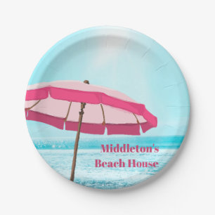 Sea Ocean Blue Summer Surf Pink Beach Umbrella Paper Plate