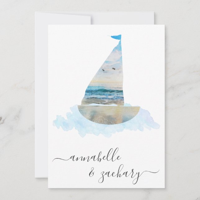 *~* Sea Ocean BOAT RSVP + QR Beach AR7 Wedding Invitation (Front)