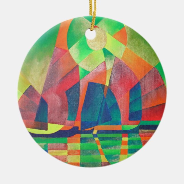 Sea of Green With Cubist Abstract Junks Ceramic Tree Decoration (Front)