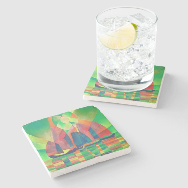 Sea of Green With Cubist Abstract Junks Stone Coaster (Side)