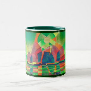 Sea of Green With Cubist Abstract Junks Two-Tone Coffee Mug