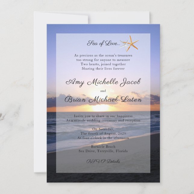 Sea of Love | Beach Sunset Starfish Wedding Invitation (Front)