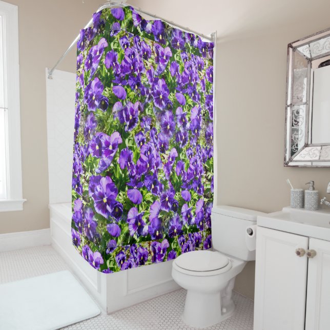 Sea of Serenity: The Beautiful Purple Pansy Field Shower Curtain (In Situ)