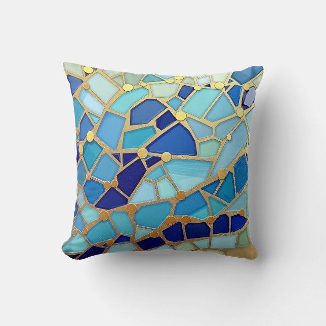 Sea of Waves Blue and Gold Mosaic Fine Art Cushion (Front)