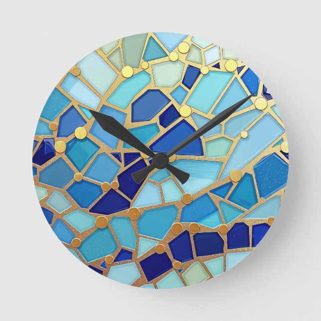 Sea of Waves Blue and Gold Mosaic Fine Art Round Clock (Front)