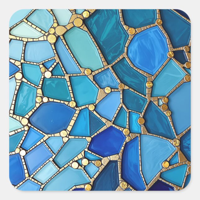 Sea of Waves Blue and Gold Mosaic Fine Art Square Sticker (Front)