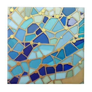 Sea of Waves Blue and Gold Mosaic Fine Art Tile