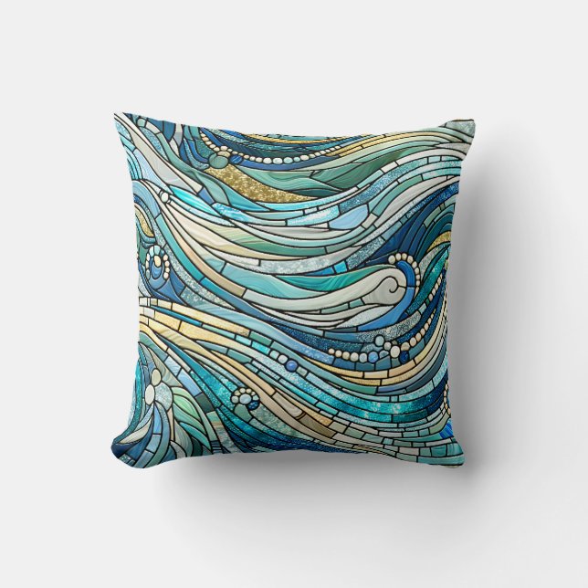Sea of Waves Teal Mosaic Fine Art Cushion (Front)