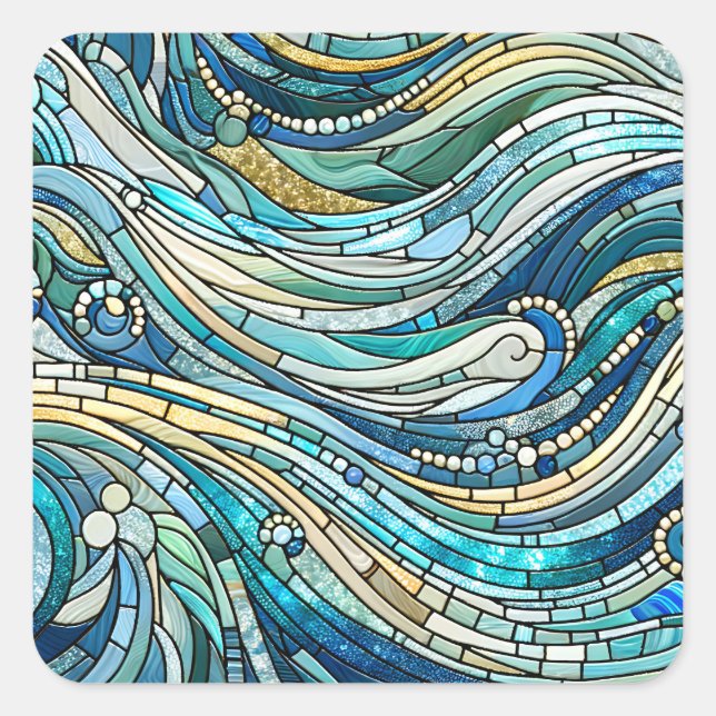 Sea of Waves Teal Mosaic Fine Art Square Sticker (Front)