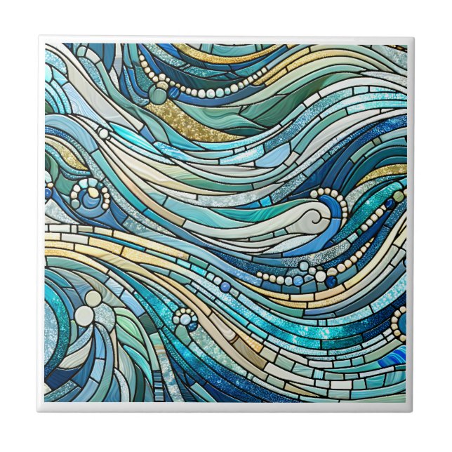 Sea of Waves Teal Mosaic Fine Art Tile (Front)