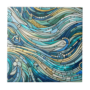 Sea of Waves Teal Mosaic Fine Art Tile