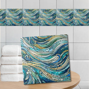 Sea of Waves Teal Mosaic Fine Art Tile