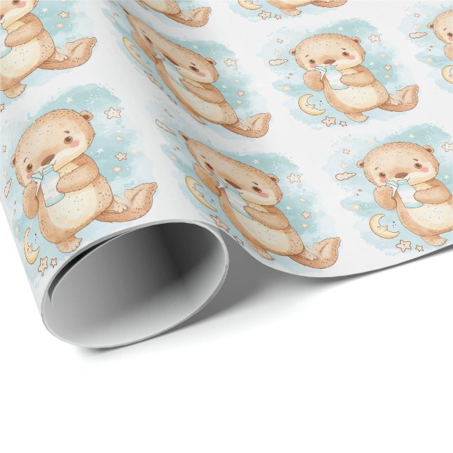 Sea Otter Cute Baby Pastel Watercolor Pattern  Wrapping Paper (Roll Corner)