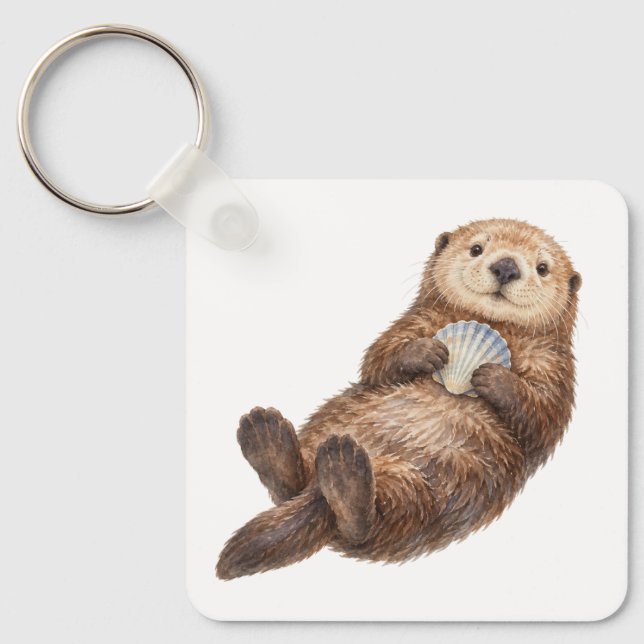 Sea Otter Holding a Shell Keychain (Front)