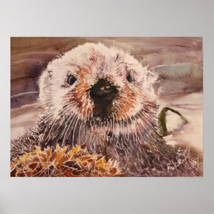Sea Otter In Kelp Watercolor Artwork Canvas Print