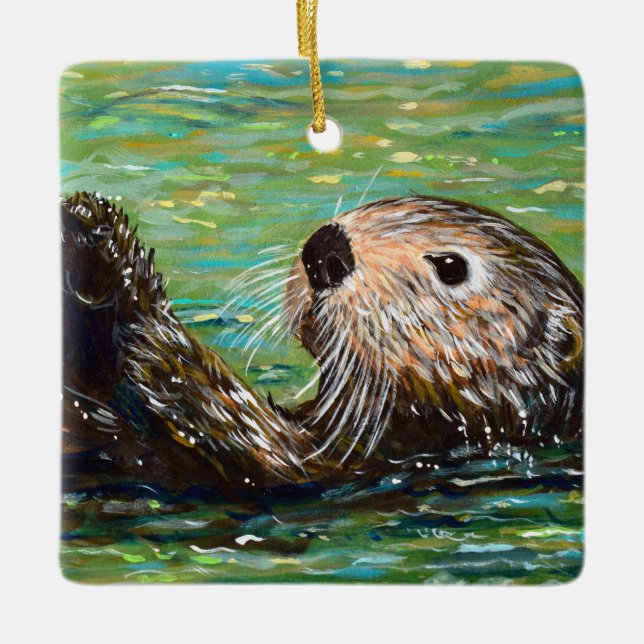 Sea Otter Painting  Ceramic Ornament (Front)
