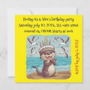 sea otter wearing cake birthday hat clapping invitation