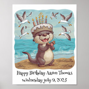 sea otter wearing cake birthday hat clapping poster