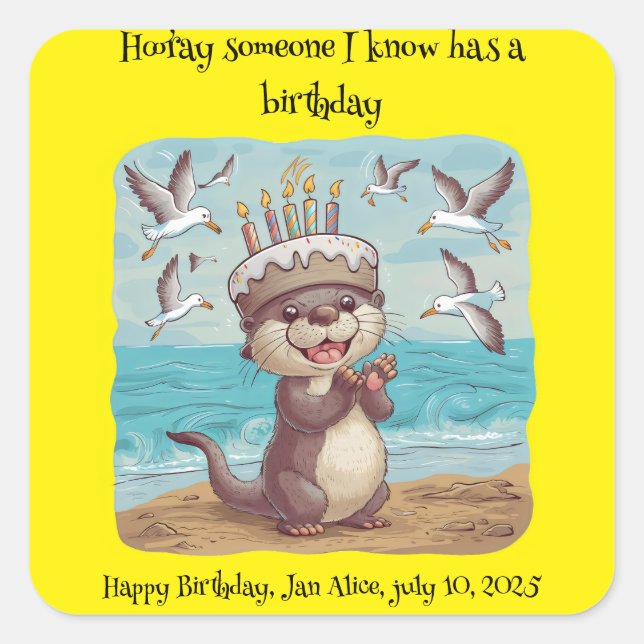 sea otter wearing cake birthday hat clapping square sticker (Front)