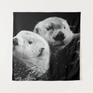 Sea Otters: Black White Pair. Tapestry
