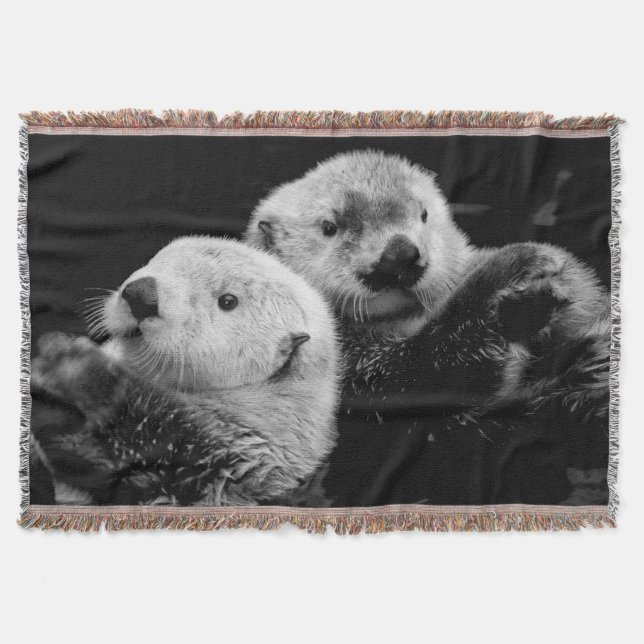 Sea Otters: Black White Pair. Throw Blanket (Front)