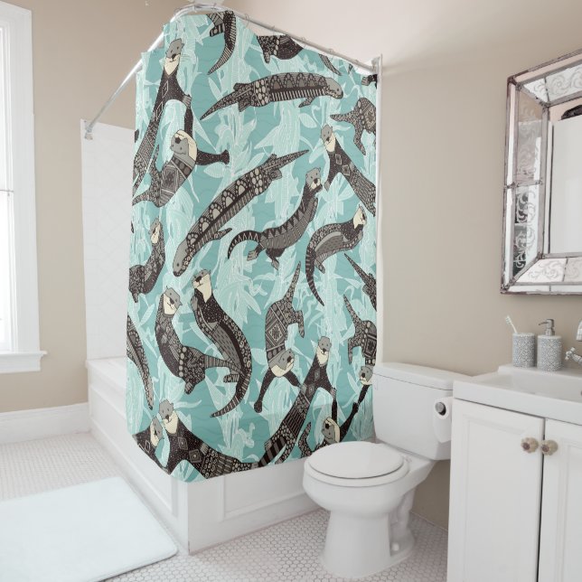 sea otters blue shower curtain (In Situ)