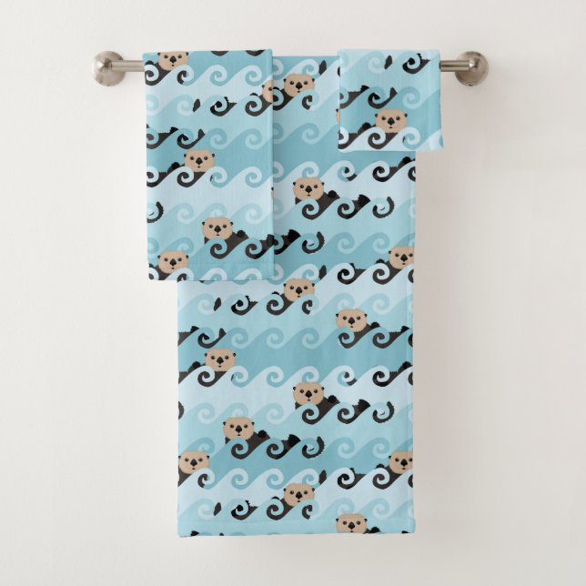 Sea Otters Riding the Waves Bath Towel Set (Insitu)