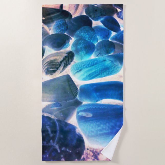 Sea oyster shell, colours changed blue to grey beach towel (Front)