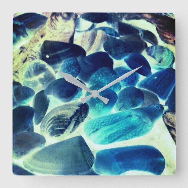 Sea oyster shell, colours changed blue to grey square wall clock (Front)
