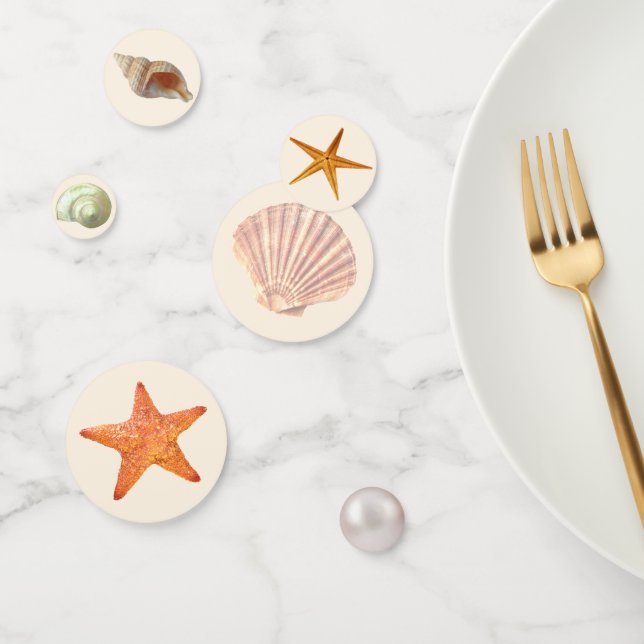 Sea oyster shells, stars & pearl on ivory table confetti (Group)