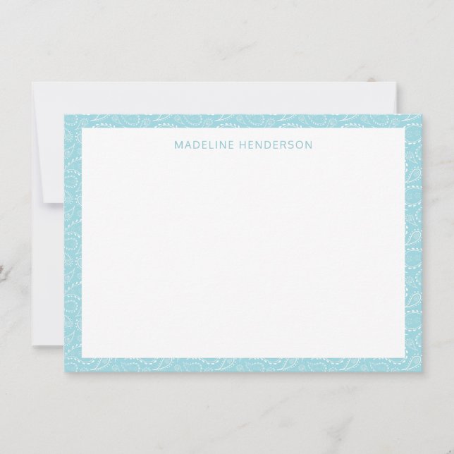 Sea Paisley Pattern Glacier Blue Monogram Card (Front)