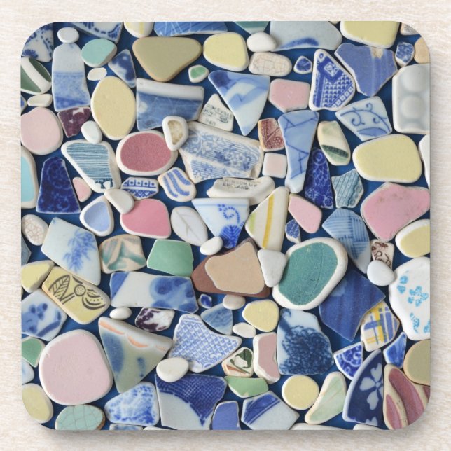 Sea pottery, beach glass, blue photo coasters (Front)