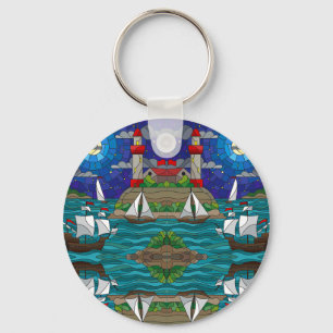 Sea Red Lighthouse Sailing Ships Shore Starry Sky Key Ring