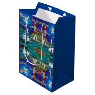 Sea Red Lighthouse Sailing Ships Shore Starry Sky Medium Gift Bag