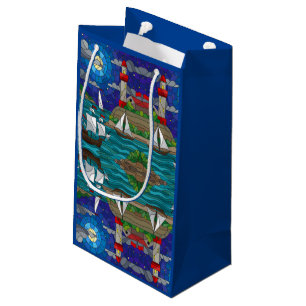 Sea Red Lighthouse Sailing Ships Shore Starry Sky Small Gift Bag