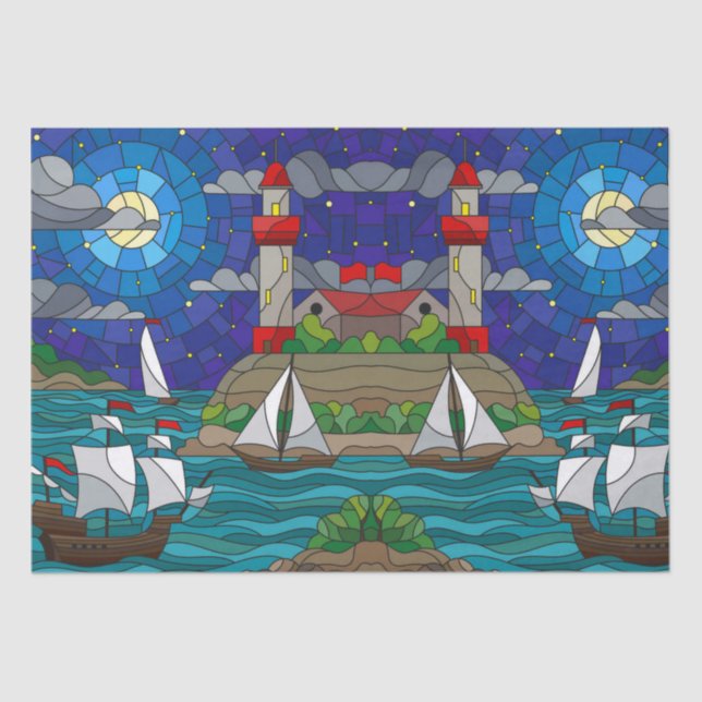 Sea Red Lighthouse Sailing Ships Shore Starry Sky  Tissue Paper (Front)