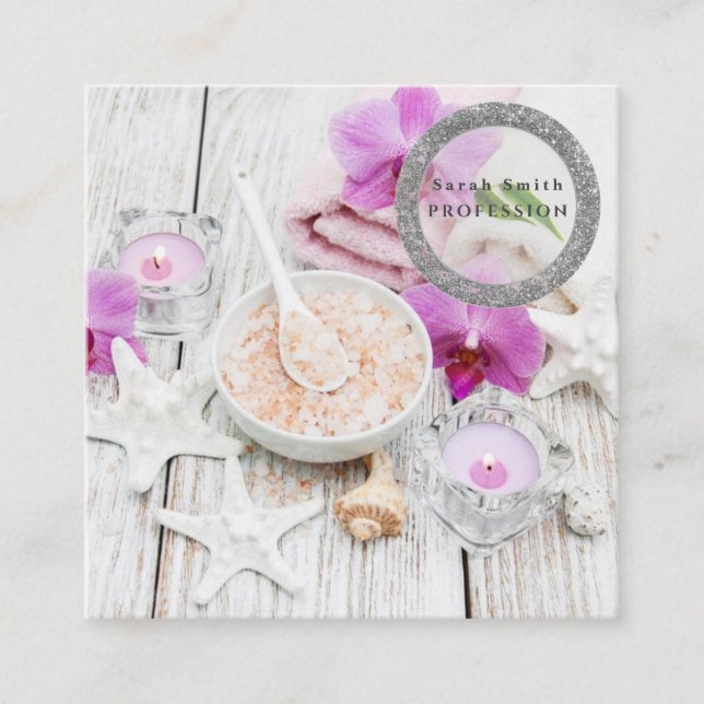 Sea salt orchids spa flower massage aromatherapy square business card (Front)