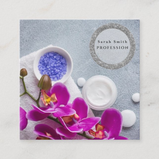 Sea salt orchids spa flower massage aromatherapy square business card (Front)