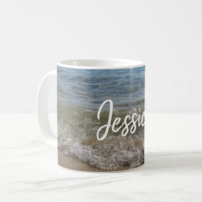 Sea & Sand Beach Waves Personalised Name  Coffee Mug (Front Left)