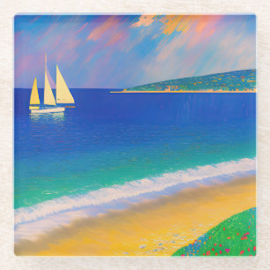 Sea Scape 09 "Yacht in the bay" Glass Coaster