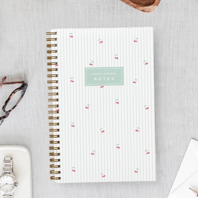 Sea | Scattered Cherry Pinstripe Personalised Notebook (Creator Uploaded)