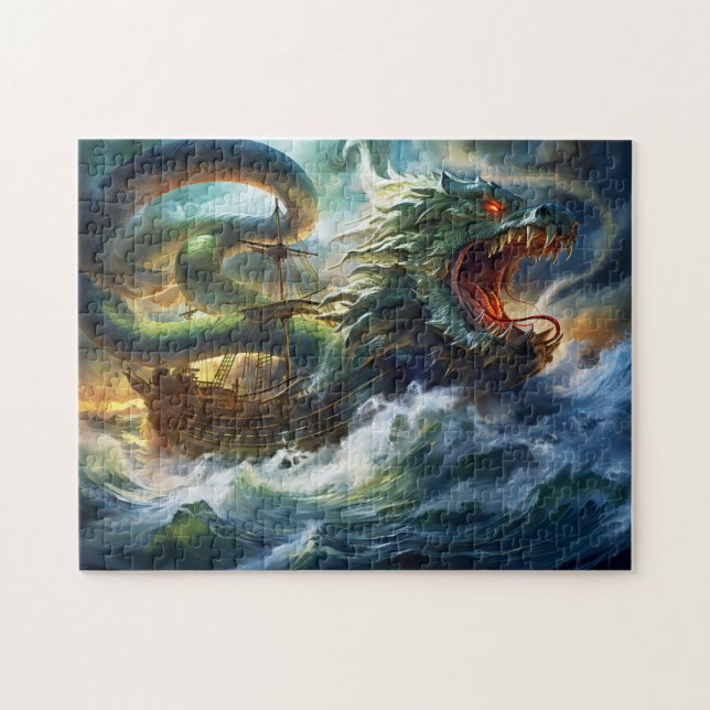 Sea Serpent Attacking Ship in Storm Fantasy Painti Jigsaw Puzzle (Horizontal)