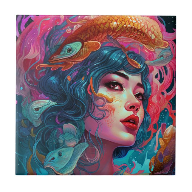 Sea Serpent Hair Lady Fantasy Art Tile (Front)
