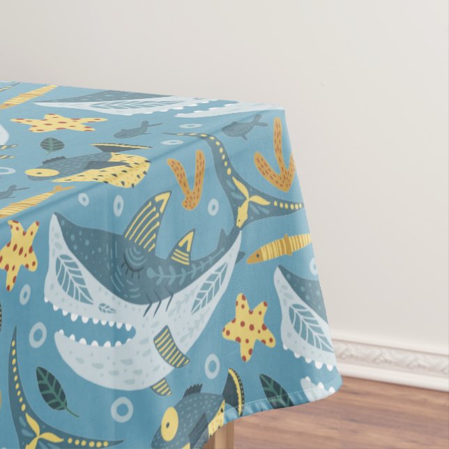 Sea Shark Yellow Green Orange Children Birthday Tablecloth (In Situ)