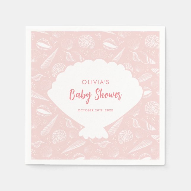 Sea Shell Beach Pink Girls Ocean Baby Shower Napkin (Front)